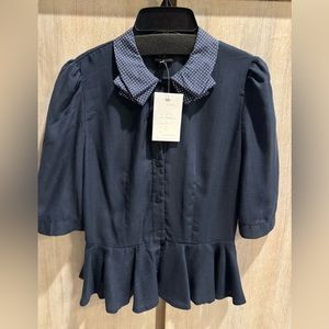 NWT Karen Walker Runway Navy Blue Peplum Blouse 3/4 length sleeves SZ: 2 US